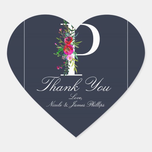 P Monogram Laatste Initiaal Modern Blauw Bloemig H Hart Sticker (Voorkant)