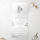 'P' Monogram mooi geborsteld Floral Wedding Drieluik Uitnodiging (Binnen)