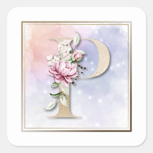 P Monogram Roze Bloem Motief Vierkante Sticker (Voorkant)