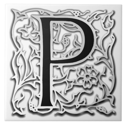 P Monogram "Silver Besque" keramische Tegel Tegeltje (Voorkant)