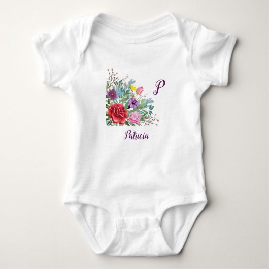 P Patricia Personalize Letter Name, Roos Flowers Romper (Voorkant)