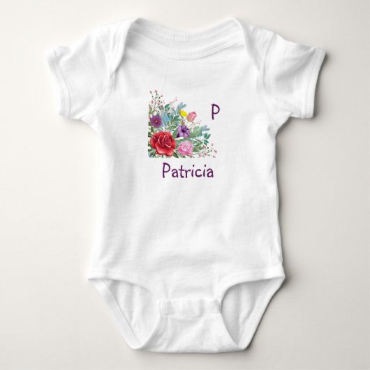 P Patricia Personalize Letter Name, Roos Flowers Romper (Voorkant)