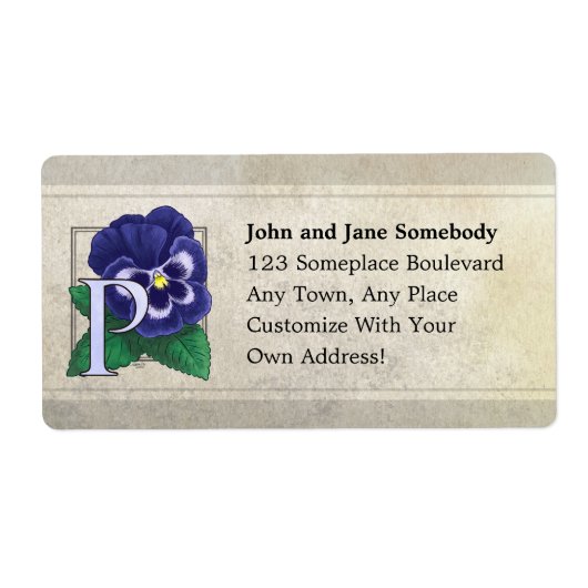 P voor Pansy Flower Monogram Etiket (Voorkant)