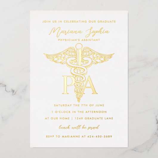 PA Assistent Caduceus Afstuderen Gold van de arts Folie Uitnodiging (Voorkant)