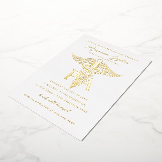 PA Assistent Caduceus Afstuderen Gold van de arts Folie Uitnodiging (Gedraaid)