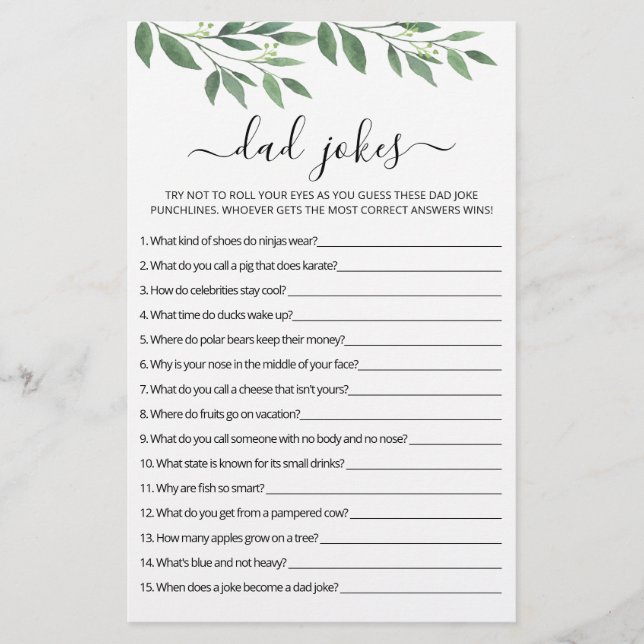Pa Jokes Baby shower spel met Answers (Voorkant)