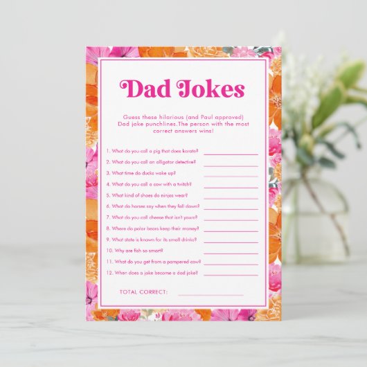 Pa Jokes Pink & Floral Baby shower spel Kaart (Staand voorkant)