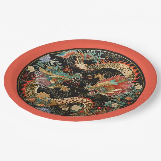 Paar Aziatische Draken Papieren Bordje (Gekanteld)