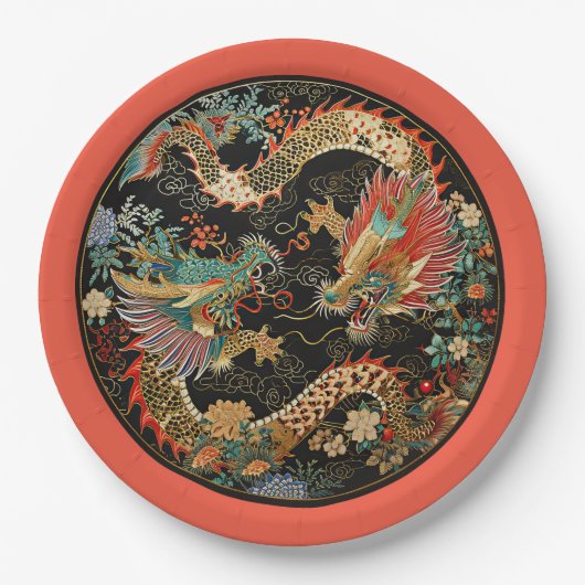 Paar Aziatische Draken Papieren Bordje (Voorkant)