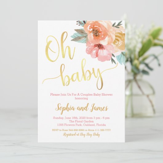 Paar Baby shower Uitnodiging, Floral Baby shower Kaart (Staand voorkant)