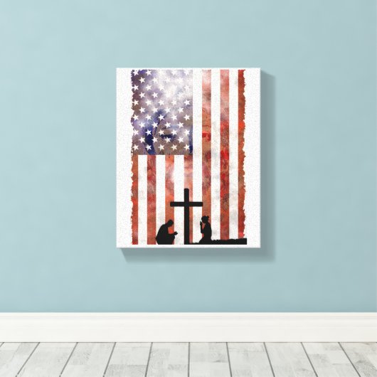 Paar Bidden bij Cross. Vlag, Jezus achtergrond Canvas Afdruk (Insitu (Houten vloer))