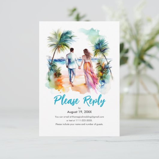 Paar bij Beach Wedding Waterverf Response RSVP (Staand voorkant)