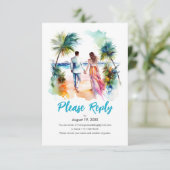 Paar bij Beach Wedding Waterverf Response RSVP Kaartje (Staand voorkant)