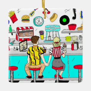Paar bij Fifties Diner Holding Hands Retro Keramisch Ornament
