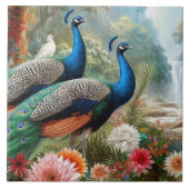 Paar Blauwgroen Blauwe Pauw Elegante Keramische Te Tegeltje (Voorkant)