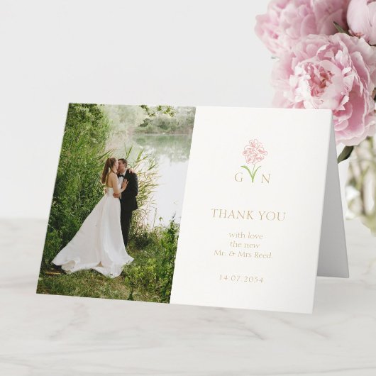 paar Bloemen Monogram Huwelijk Bedankkaart