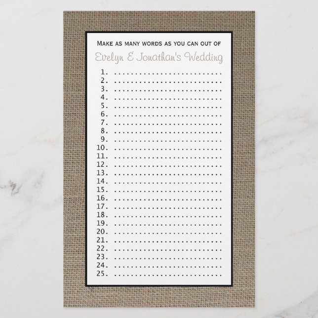 Paar Bridal Wedding Shower Games - Burlap (Voorkant)