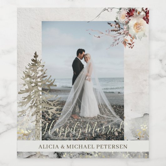 Paar bruiloft foto modern elegant script winter wijn etiket (Enkel label)