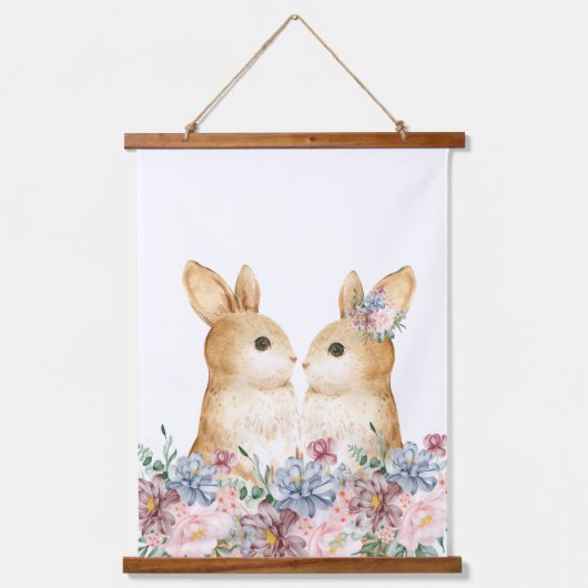 Paar Bunny Bloem Woodland Nursery Decor Hangend Wandkleed (Voorkant)