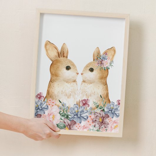 Paar Bunny Bloem Woodland Nursery Decor Poster