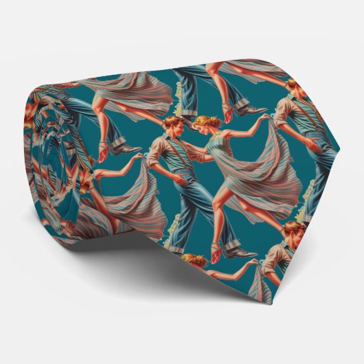 Paar Dansen Waterverf Print Blauwgroen stropdas (Opgerold)