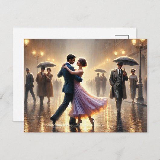 Paar danst in de regen briefkaart (Voorkant / Achterkant)