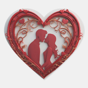 Paar dat elkaar omhelst in een groot rood hart sticker