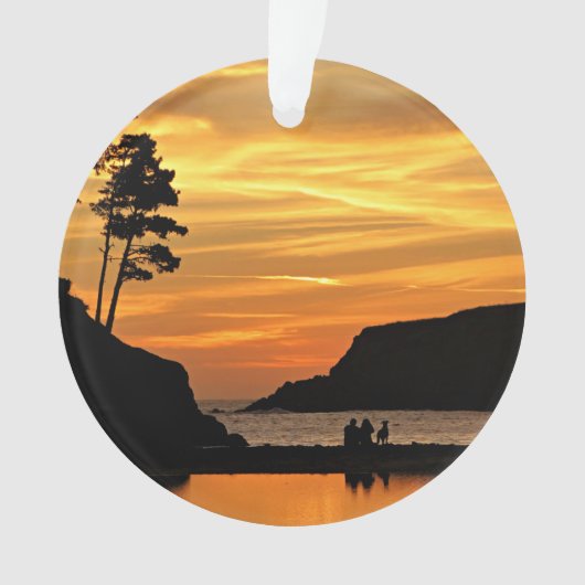 Paar & Dog Vivid Beach Sunset Silhouettes Ornament (voorkant)