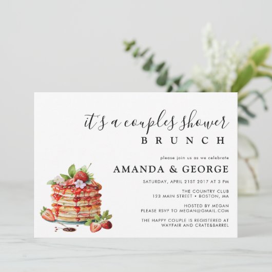 Paar douche brunch pannenkoeken uitnodiging (Staand voorkant)