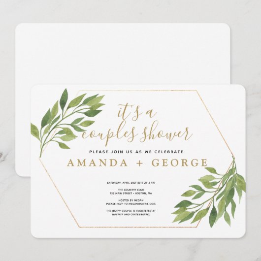 Paar douche elegant groen en gouden feest kaart (Voorkant / Achterkant)