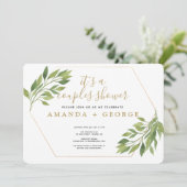 Paar douche elegant groen en gouden feest kaart (Staand voorkant)