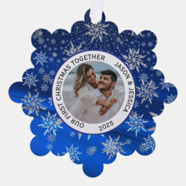 Paar Eerste Kerst Icy Blue Snowflakes Ornament Kaart