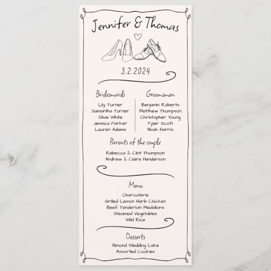 Paar Feiten Doodle Trouwschoenen Programma & Menu (Achterkant)