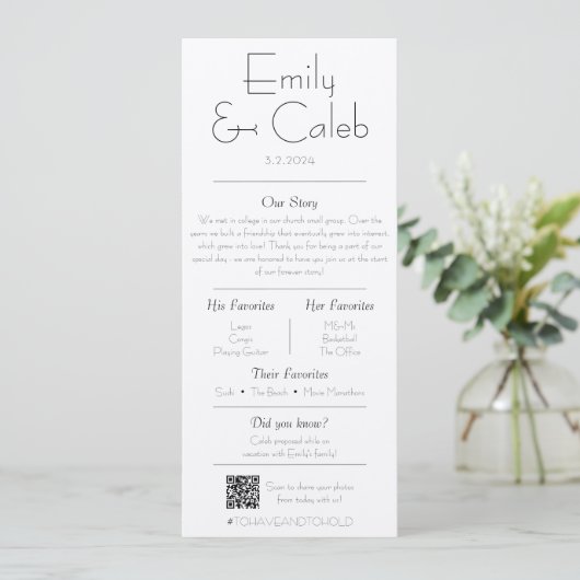 Paar feiten rustiek eenvoudig bruiloft programma & programmakaart (Staand voorkant)