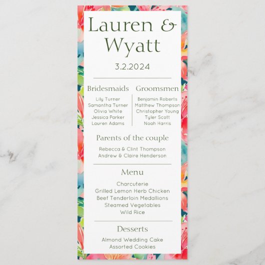 Paar Feiten Tropische bruiloft Programma & Menu (Achterkant)