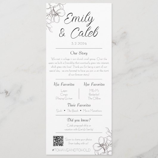 Paar feiten zwart en wit bloemenbruiloft programmakaart (Voorkant)