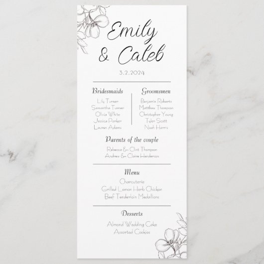 Paar feiten zwart en wit bloemenbruiloft programmakaart (Achterkant)