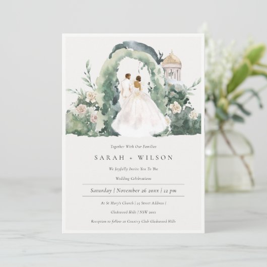 Paar Floral Garden Arch Botanical Wedding Invite Bedankkaart (Staand voorkant)