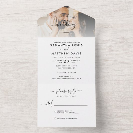 Paar foto Boheemse minimalistische bruiloft All In One Uitnodiging (Binnen)