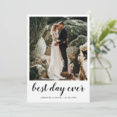 Paar foto bruiloft beste dag ooit modern script bedankkaart (Staand voorkant)