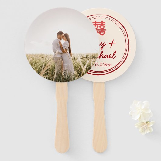 Paar foto Chinese bruiloft met dubbel geluk logo Handwaaier (Voorkant en achterkant)