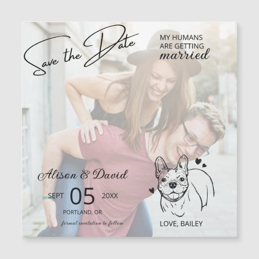 Paar Foto Franse Bulldog Bruiloft Save the Date Magnetische Uitnodiging (Voorkant)