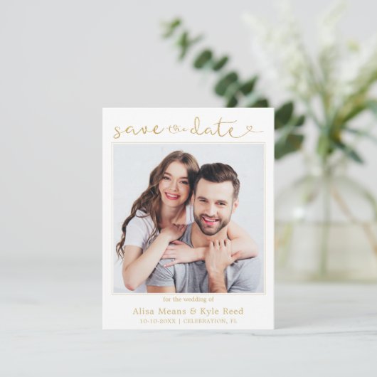 Paar Foto Gold Save the Date Notice (Staand voorkant)