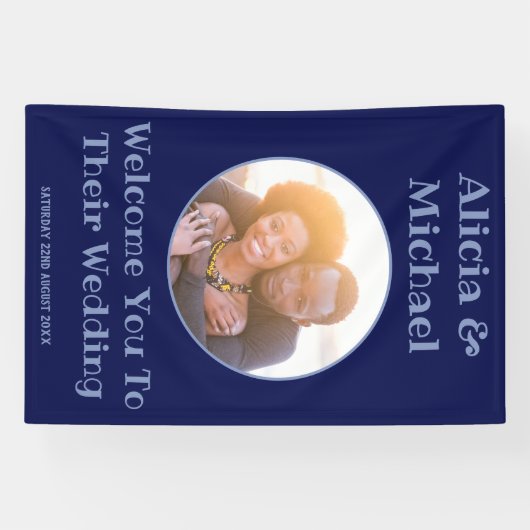 Paar Foto Marine Blauw Bruiloft Welkom Spandoek (Horizontaal)