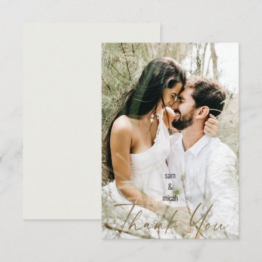 Paar foto & namen bruiloft crème blanco dank u bedankkaart (Voorkant / Achterkant)