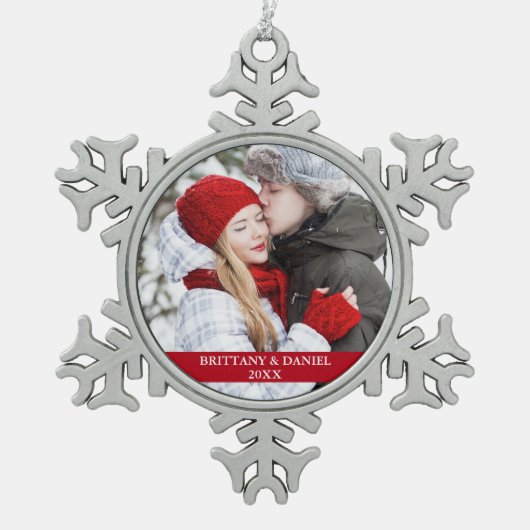 Paar Foto Red Snowflake Tin Sneeuwvlok Ornament (Voorkant)