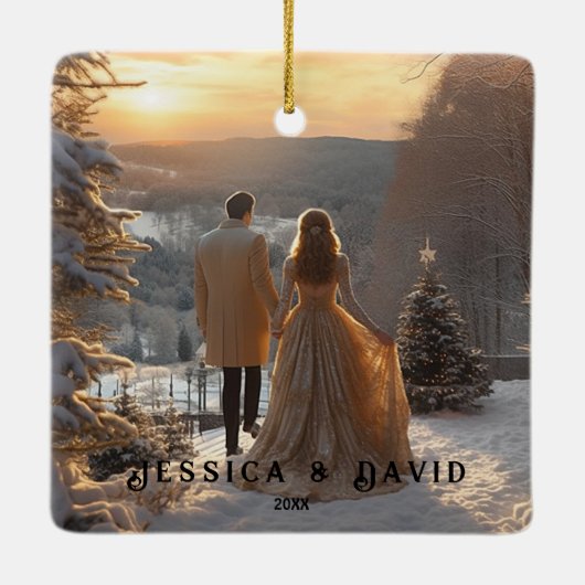 Paar foto sneeuw winter modern gepersonaliseerd keramisch ornament (Achterkant)