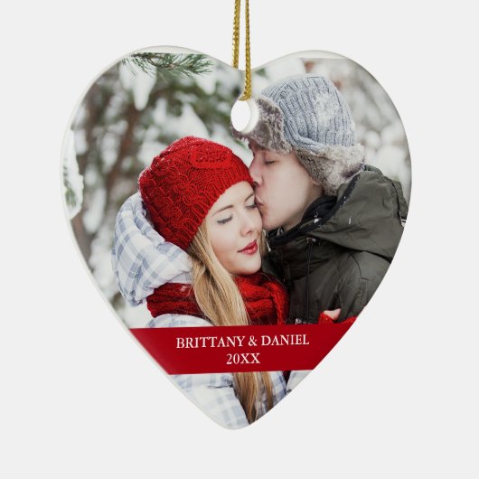 Paar Foto voorzijde | Snowflakes Back Red Heart Keramisch Ornament (Rechts)