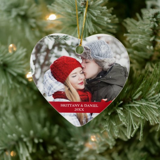 Paar Foto voorzijde | Snowflakes Back Red Heart Keramisch Ornament (Boom)