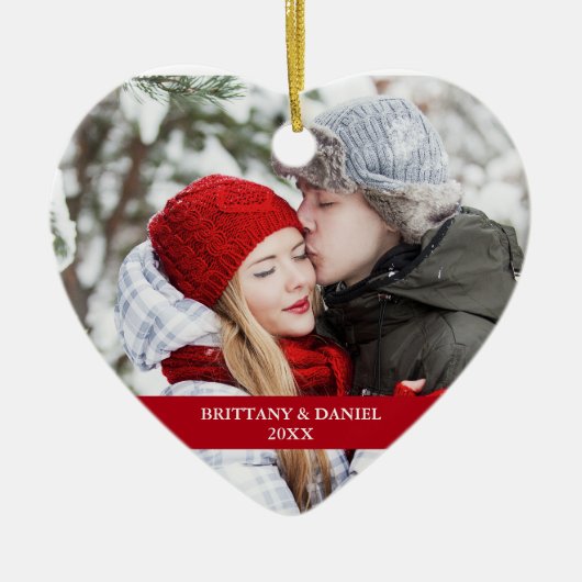 Paar Foto voorzijde | Snowflakes Back Red Heart Keramisch Ornament (Voorkant)